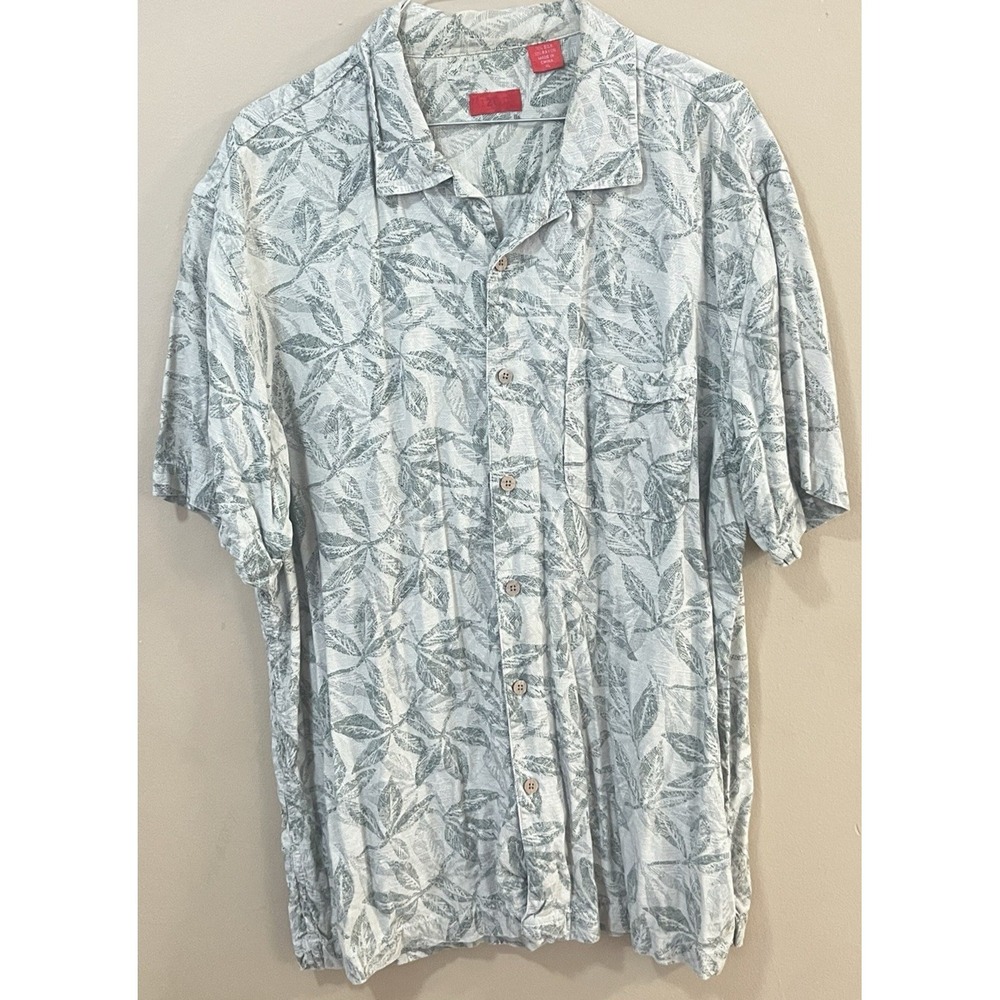IZOD Men's XL Silk Rayon Hawaiian Camp Shirt Gray Blue Leaf Print Button Up